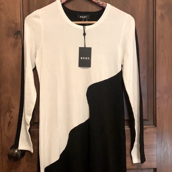 NWT $139 DKNY Donna Karan Black/Cream Sweater Dress Long Sleeve Sz S - Picture 6 of 12
